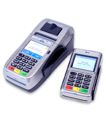 First Data FD-150 countertop payment terminal.